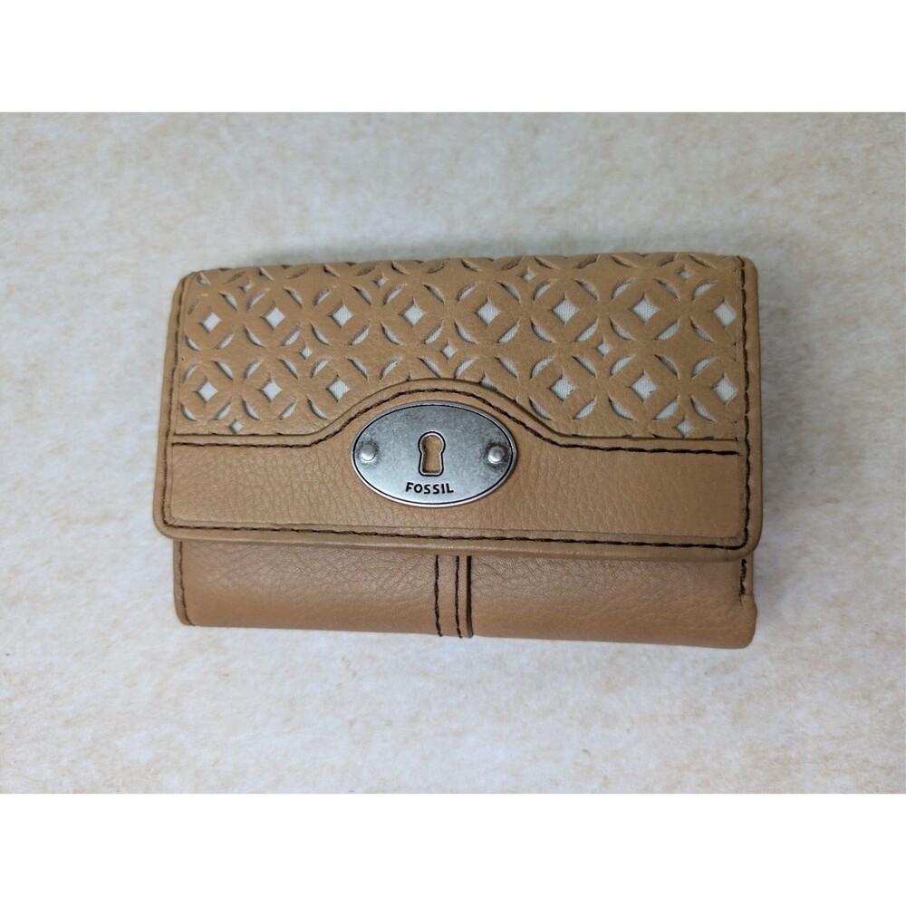 Fossil Key Per Tan Brown Leather Wallet Trifold